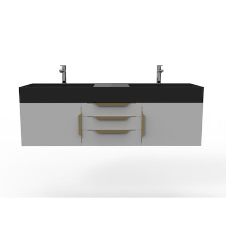 Castello Usa Amazon 60" Wall Mounted Gray Vanity With Black Top And Gold Handles CB-MC-60G-GLD-2056-BL